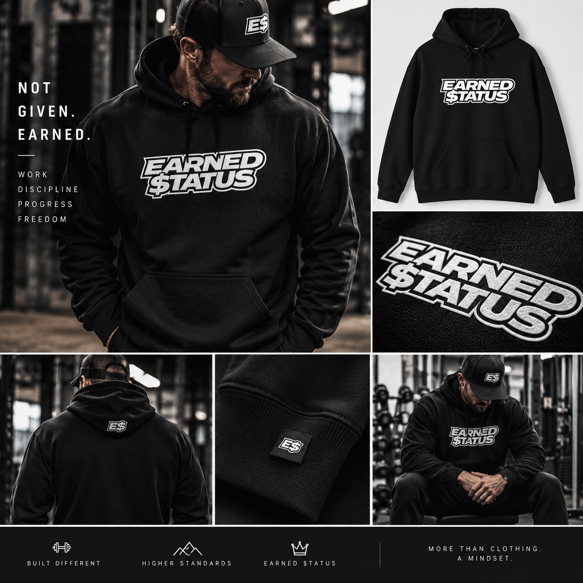 Earned $tatus black hoodie lifestyle campaign